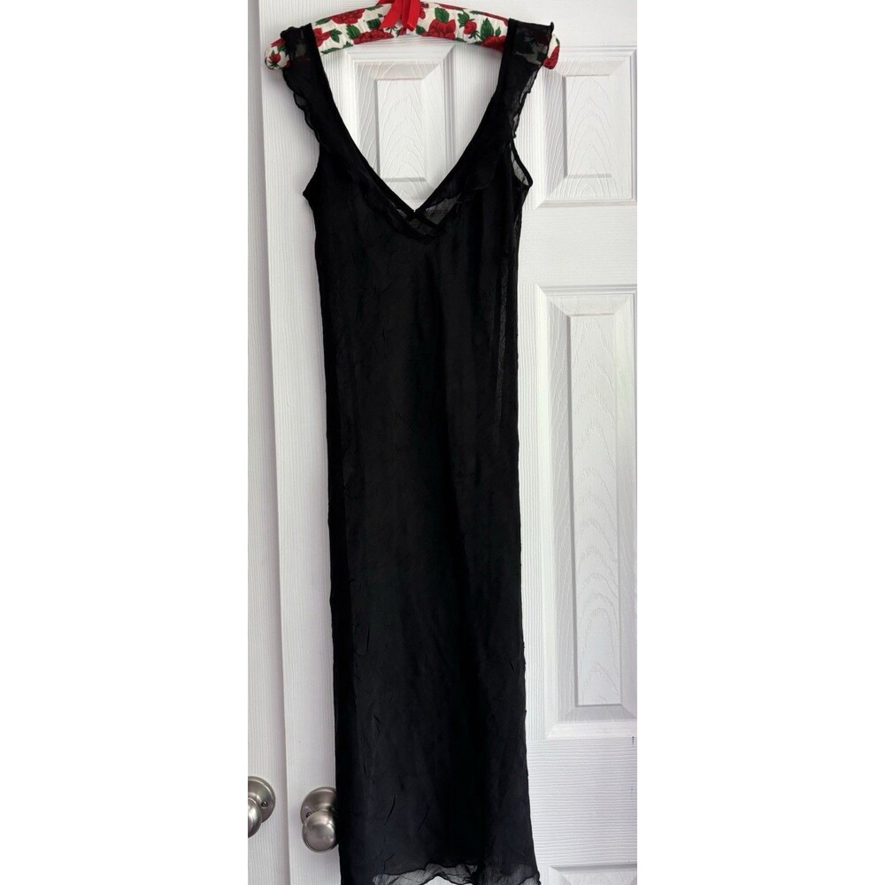 90s Y2K Crinkle Sheer Black Midi Slip Dress W/ Ruffle Fairy Whimsigoth Witchy - Picture 4 of 12